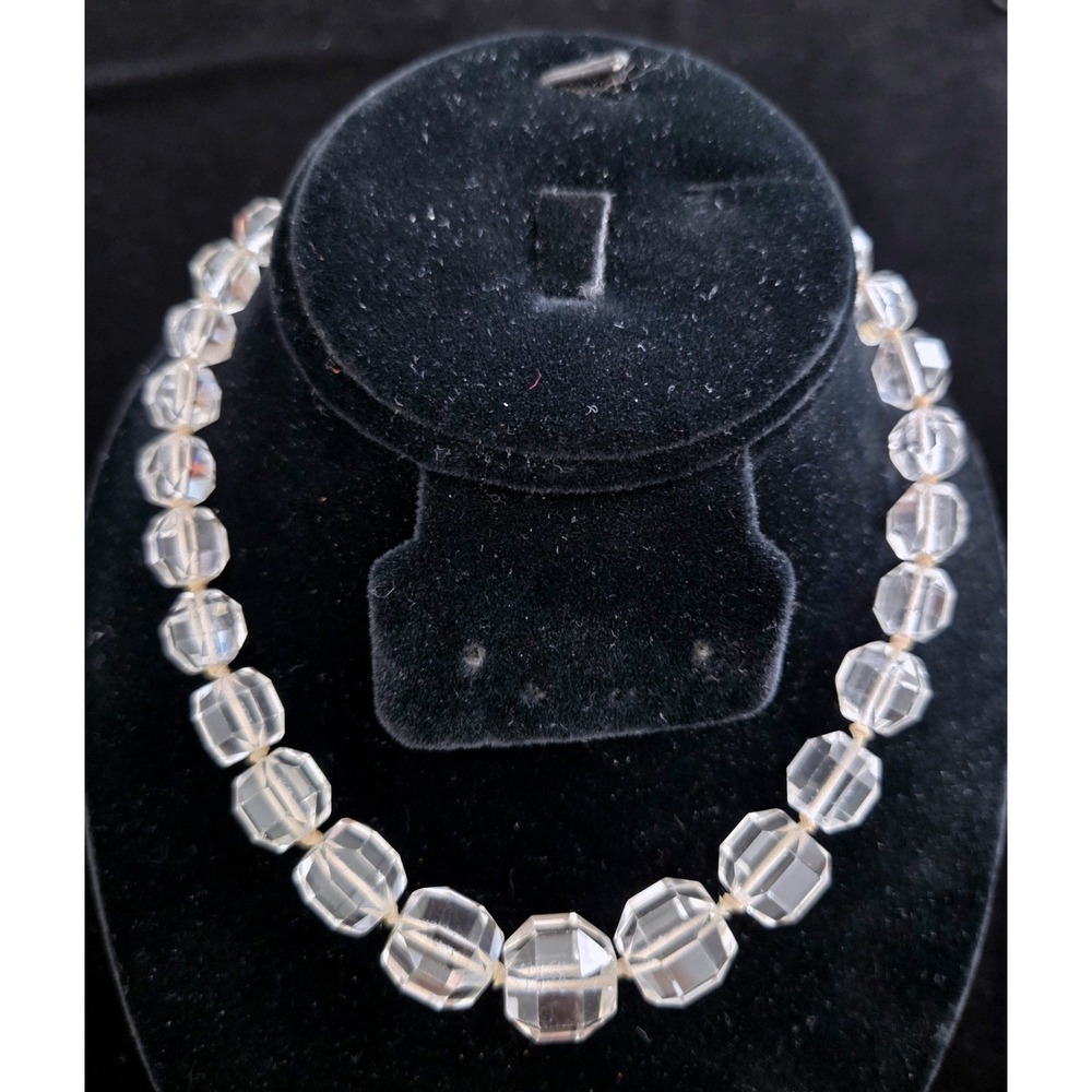 VTG Sterling Silver Graduated Faceted Clear Rock Crystal Barrel Bead Necklace